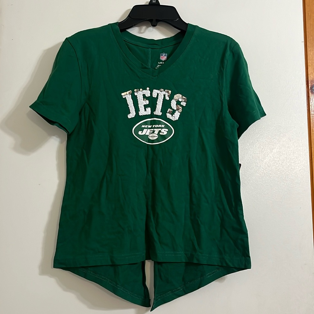 NFL Jets Girls Team Apparel V Neck T-Shirt size L (14) white green with sequin